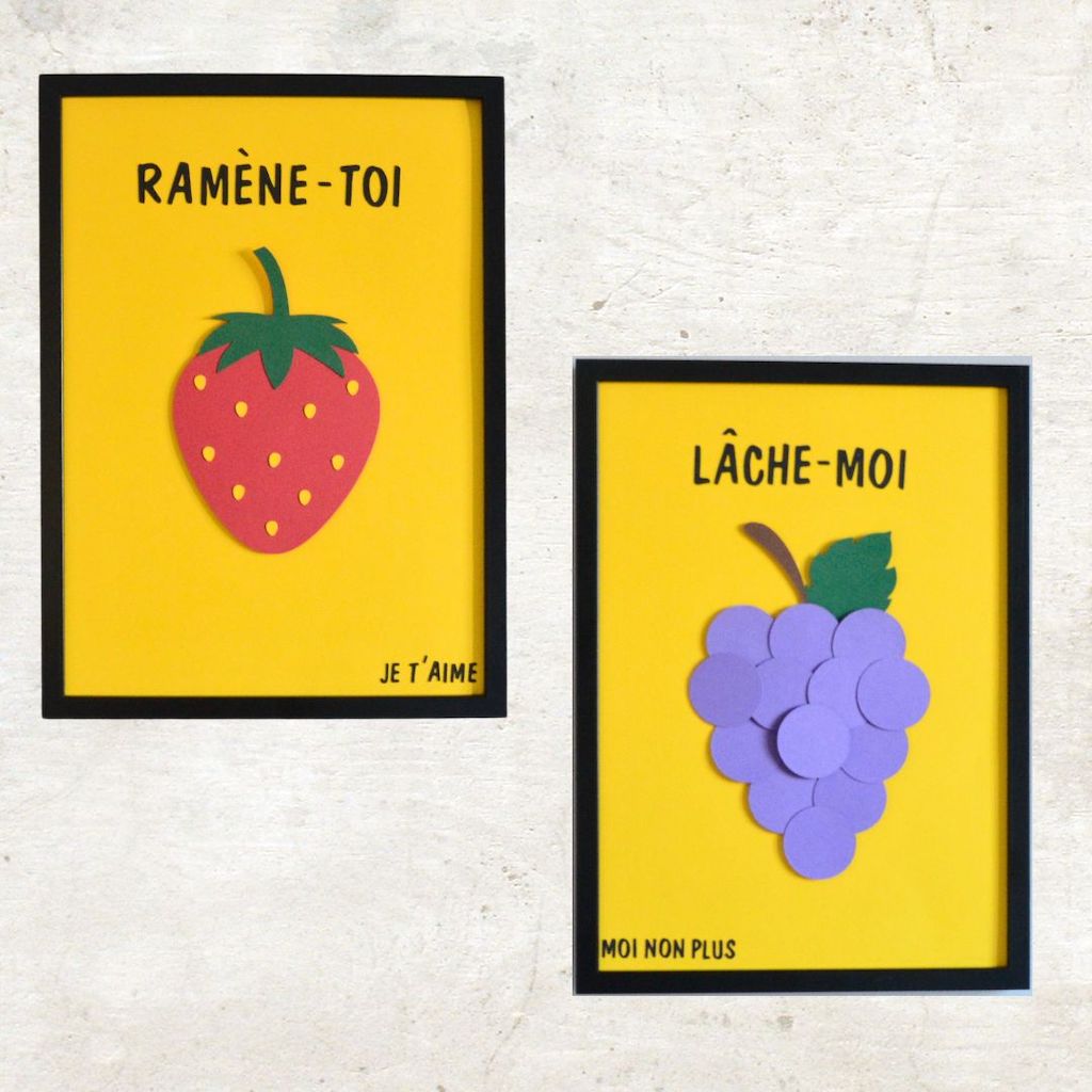 Duo d'affiches humoristiques artisanales réalisées à partir de papier découpé et illustrant entre images et jeu de mots la phrase "je t'aime moi non plus"