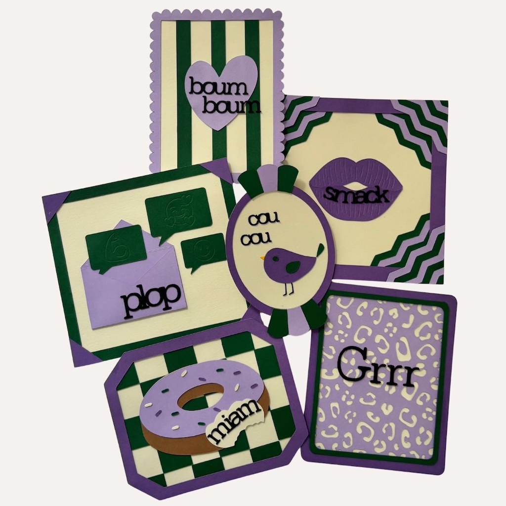 Collection de mini-cadres décoratifs à messages formulés sous la forme d'onomatopées