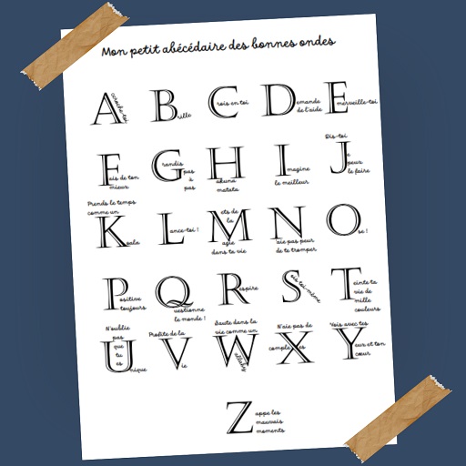 Affiche gratuite représentant un alphabet avec une phrase positive associée à chaque lettre