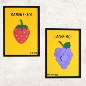 Affiches humoristiques artisanales illustrant la phrase "je t'aime moi non plus" dans des tons colorés