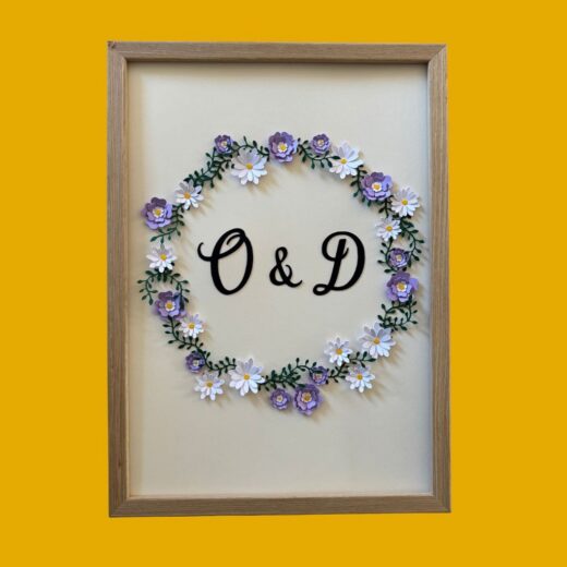 Affiche personnalisée pour une urne sur un mariage champêtre avec une couronne de fleurs et les initiales des mariés