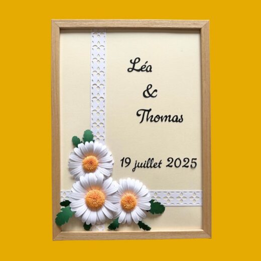 Affiche d'une urne personnalisée sur un thème champêtre avec dentelle et marguerites