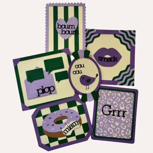 Collection de mini-cadres décoratifs à messages formulés sous la forme d'onomatopées